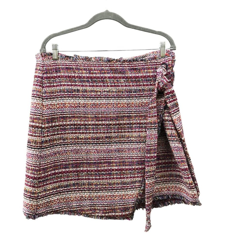 Halogen Tweed Fringe Mini Skirt Size 14 Pink‎ Multicolor Side Tie Career Formal